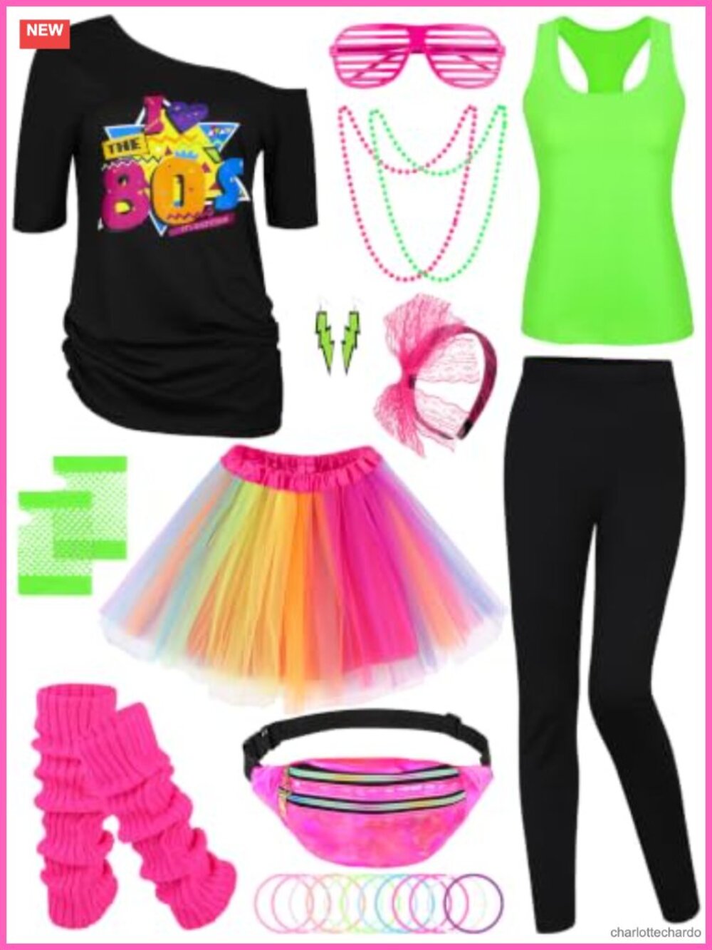 80s Costume Set 24 Piece Off Shoulder Tee Tutu Pants Racerback Tank